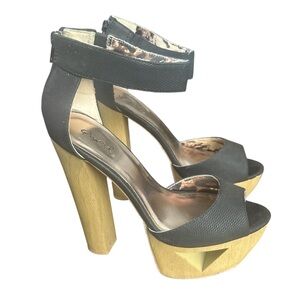 High Block Heel Ankle Strap Sandals in Black and Natural Wood